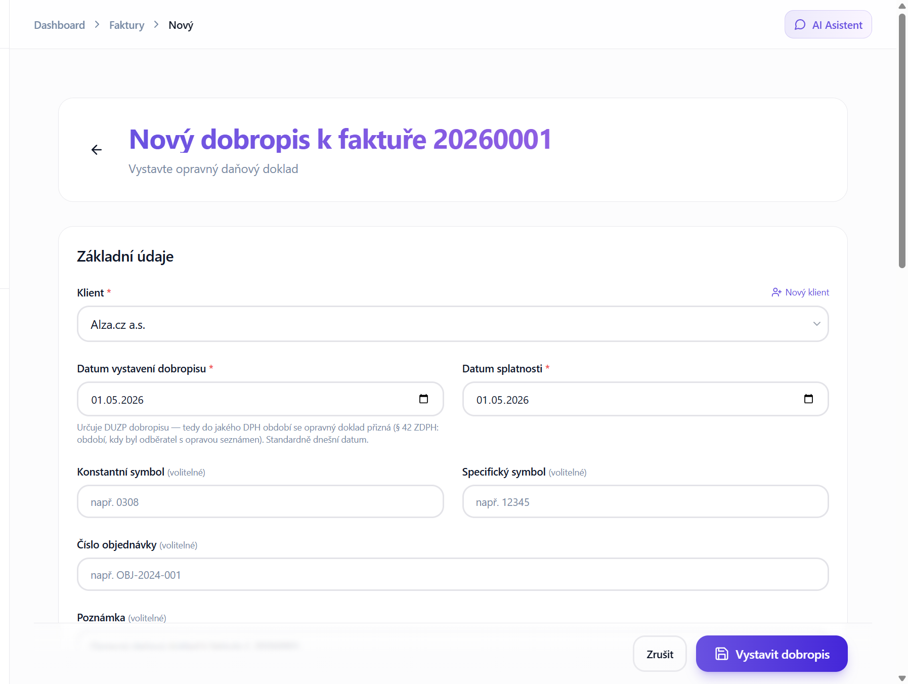 Formulář dobropisu v Taxoriu — předvyplněný z původní faktury s automatickým výpočtem opravné částky