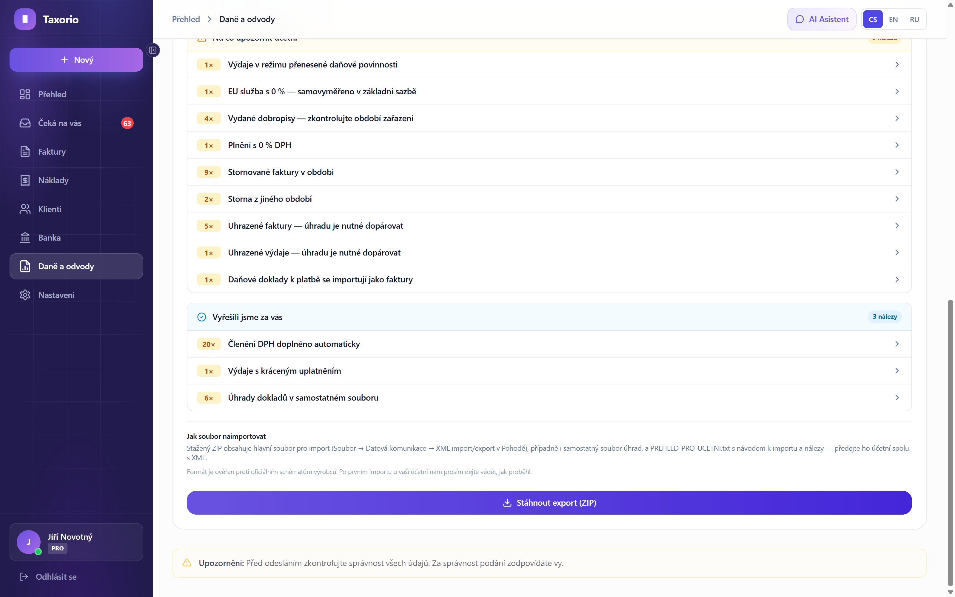 Přehled nálezů pro účetní před exportem dokladů do programu Pohoda