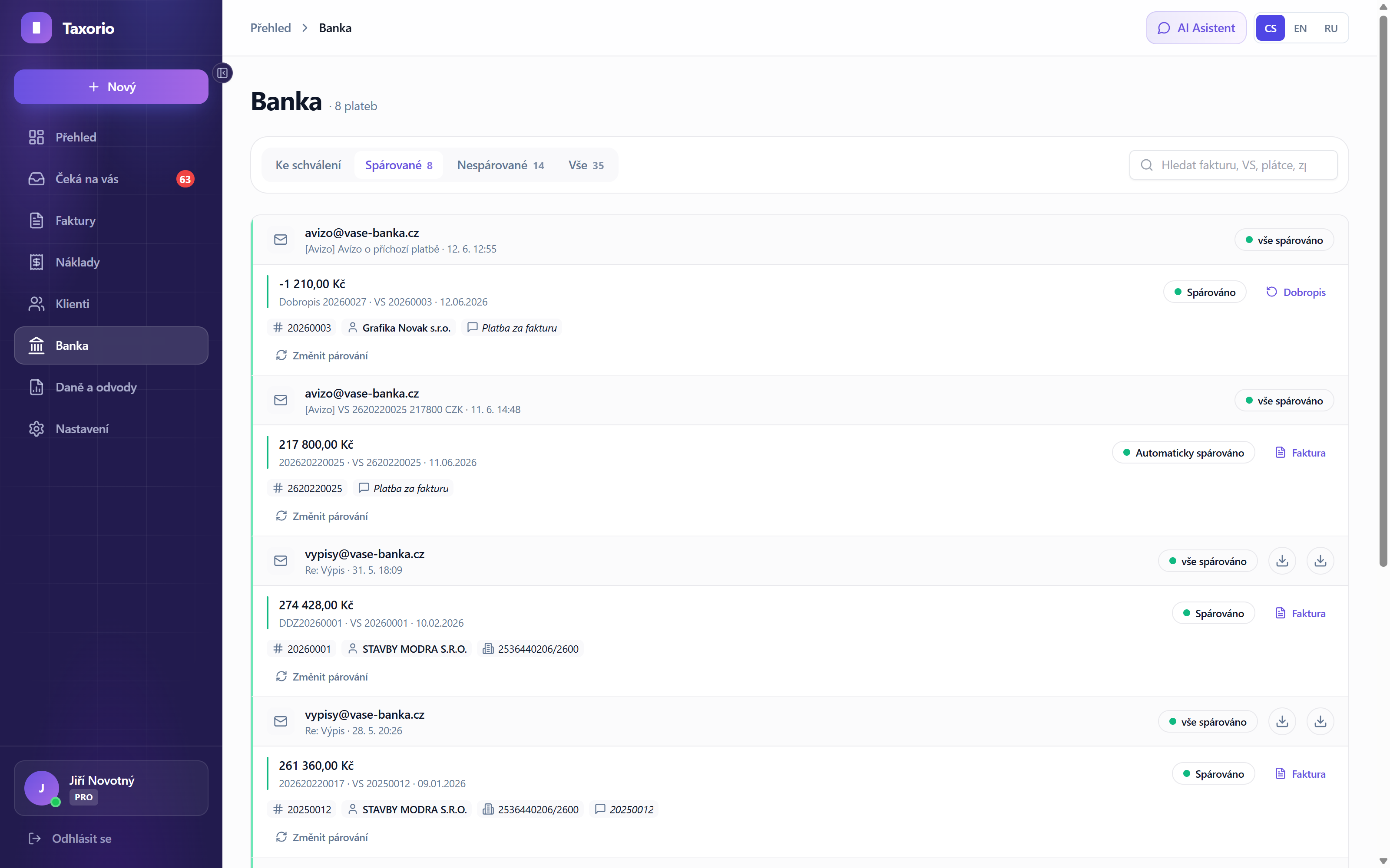 Bankovní platby spárované s fakturami v Taxoriu včetně automatického spárování