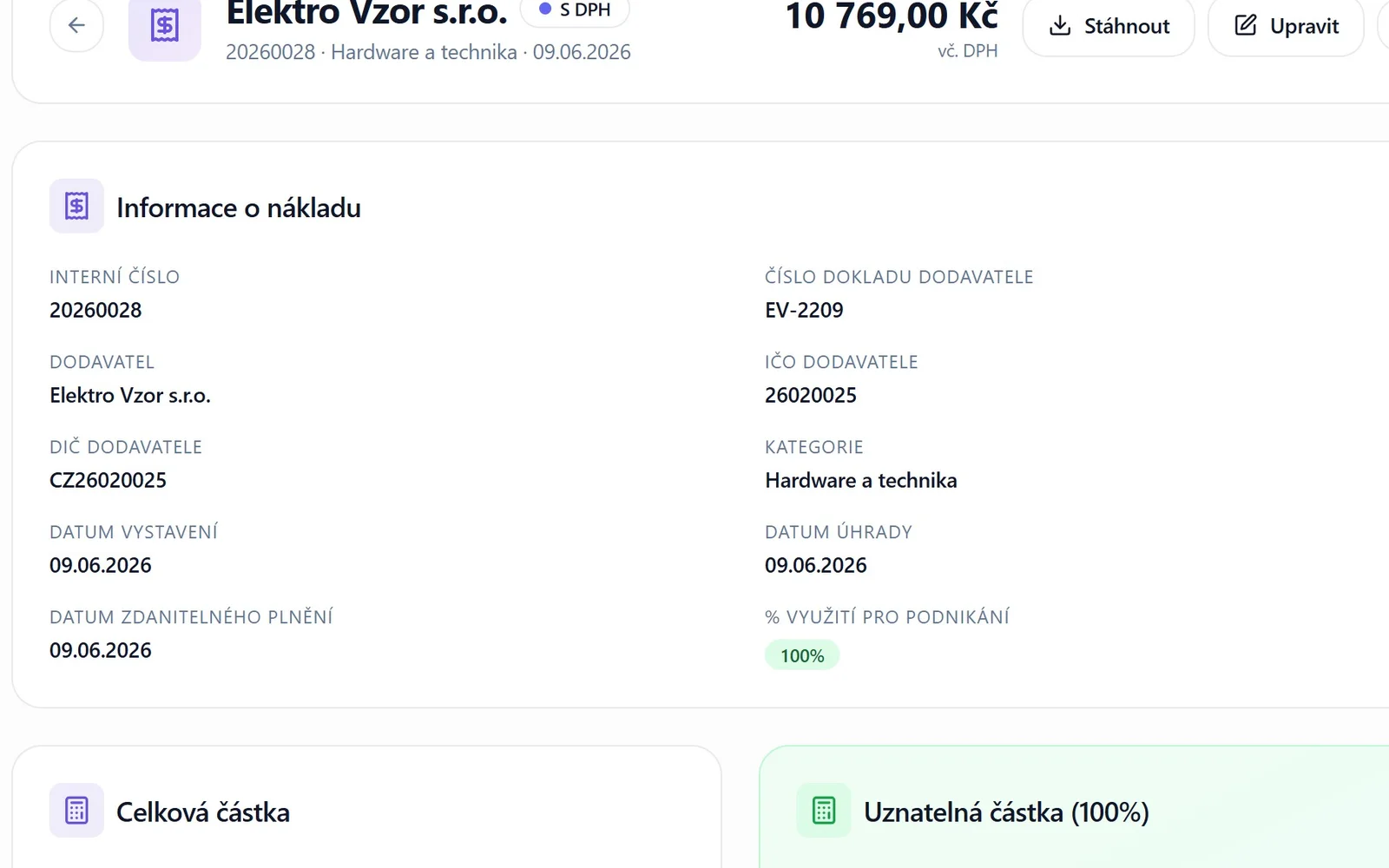 Vyhledání nákladu podle dodavatele a detail dokladu v evidenci nákladů Taxoria