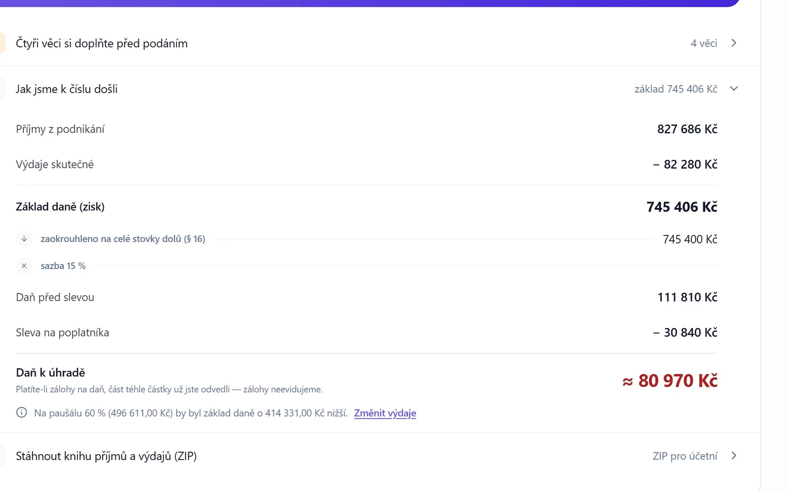 Odhad daně z příjmů za uzavřený rok s rozpadem výpočtu a stažením přiznání v XML