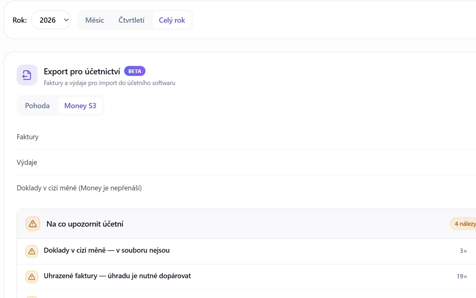 Export dokladů za celý rok pro účetní ve formátu Money S3
