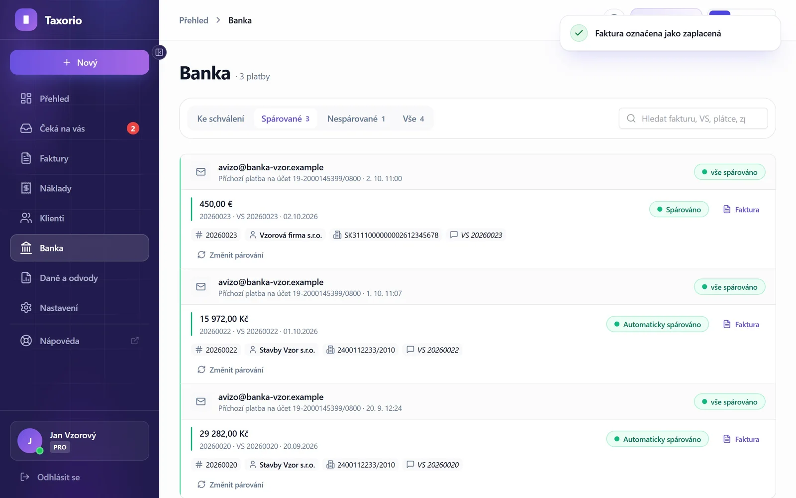 Platba z banky ke schválení a faktury spárované s platbami v Taxoriu
