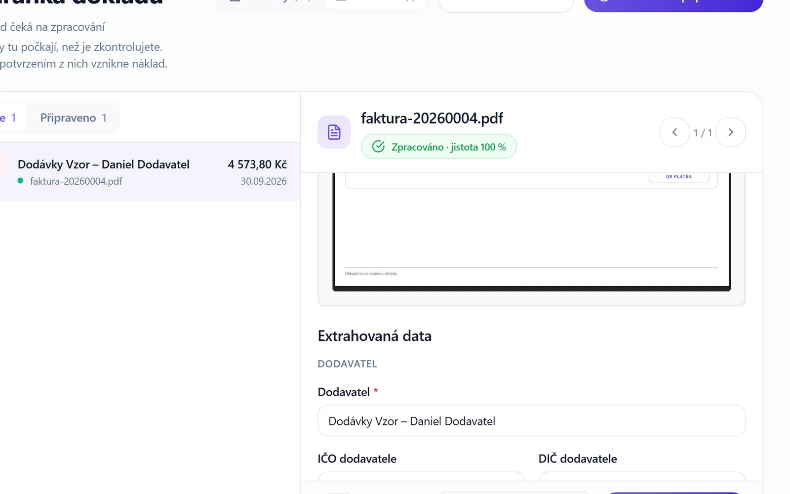Faktura dodavatele ve schránce dokladů přečtená z ISDOC a připravená k potvrzení