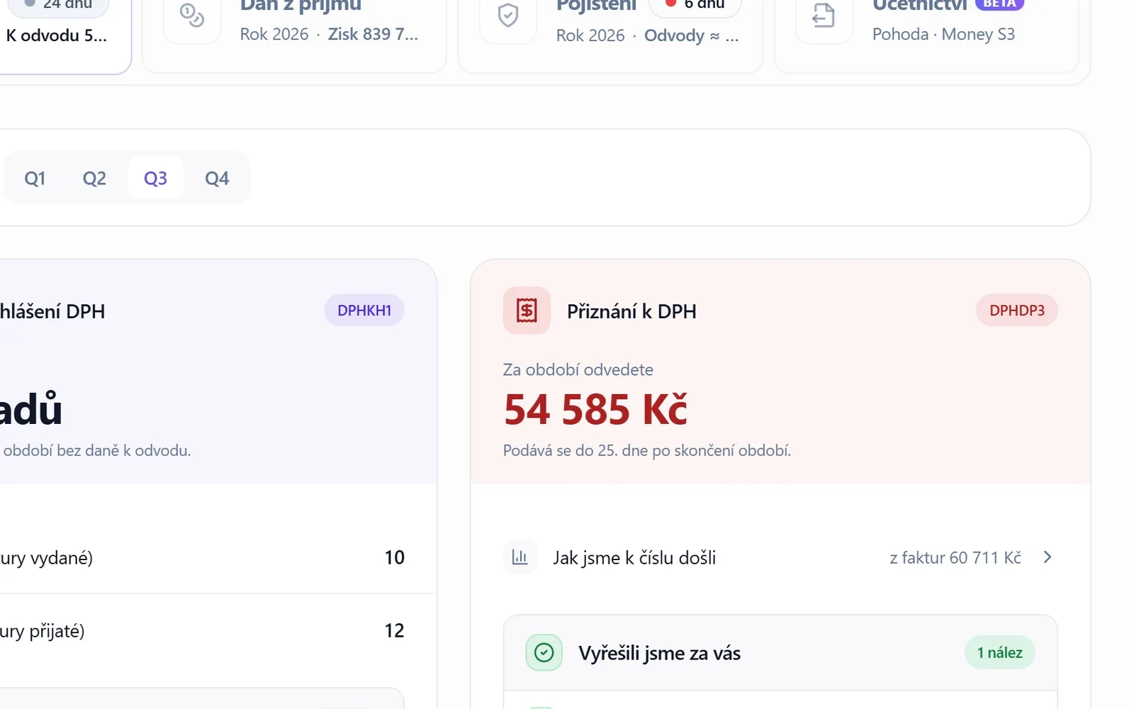 Kontrolní hlášení a přiznání k DPH za čtvrtletí připravené ke stažení jako XML